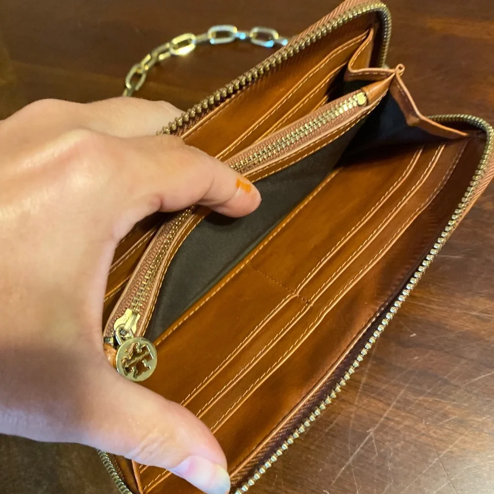 Tory Burch Orange Leather Logo Chain Clutch